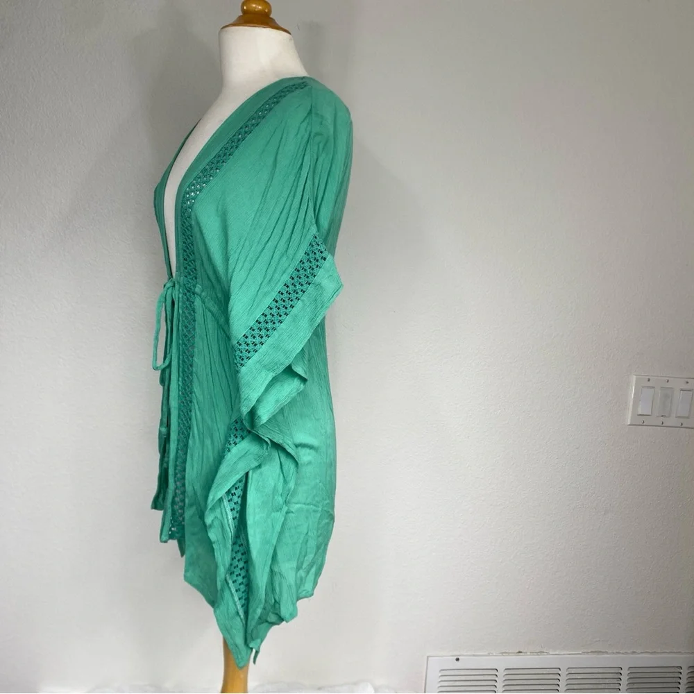 Elan Women’s Green Gauzy Rayon Crochet Tie Front Kimono Size XS Beach Tropical